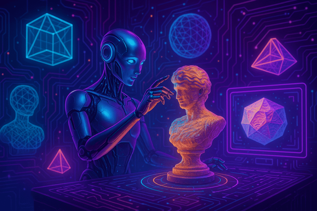 Robot creating a sculpture with AI 3D model generator tool