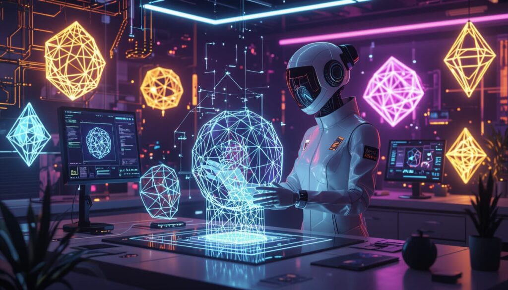 Robot creating AI 3D modeling holographic geometric shapes in a futuristic design AI studio