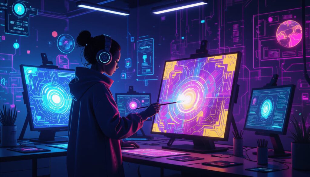 Digital artist creating futuristic artwork with AI Art tools glowing neon designs on large screens in a high-tech studio