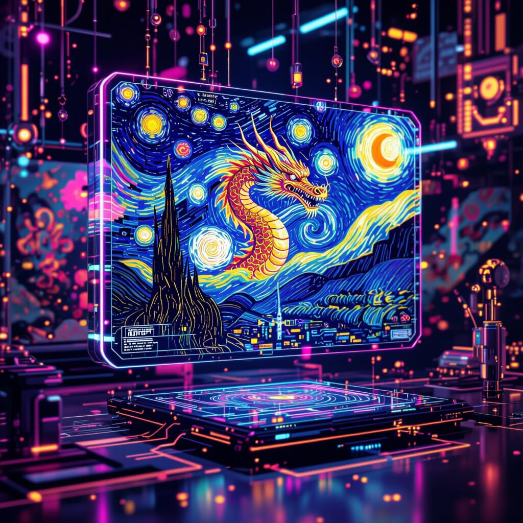 AI art generator creating a digital painting of a dragon in Van Gogh style on a futuristic screen
