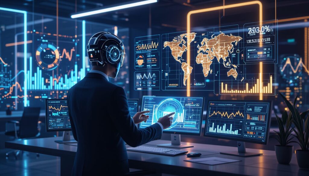 AI business executive using advanced data analytics dashboards with holographic charts, world map, and real-time company metrics