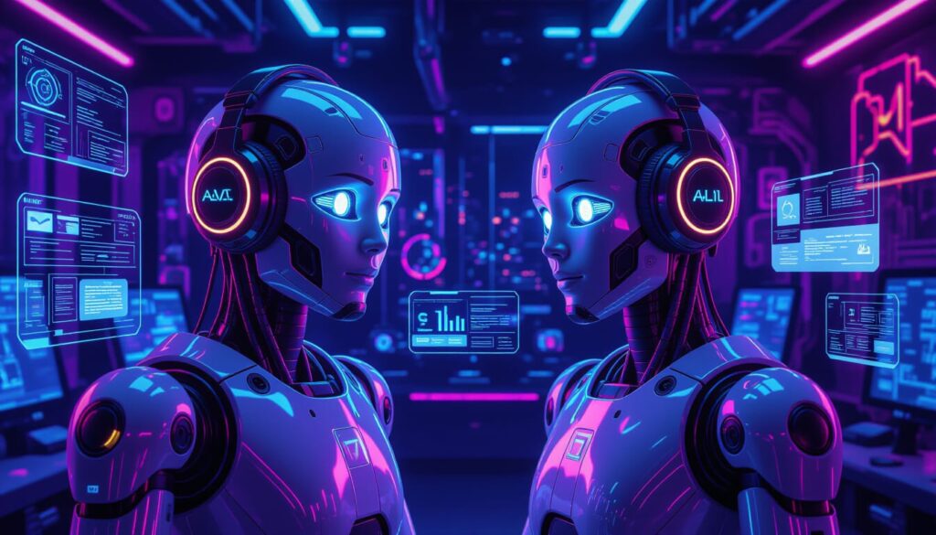 AI Chatbot robots with headphones exchanging data in a high-tech control room