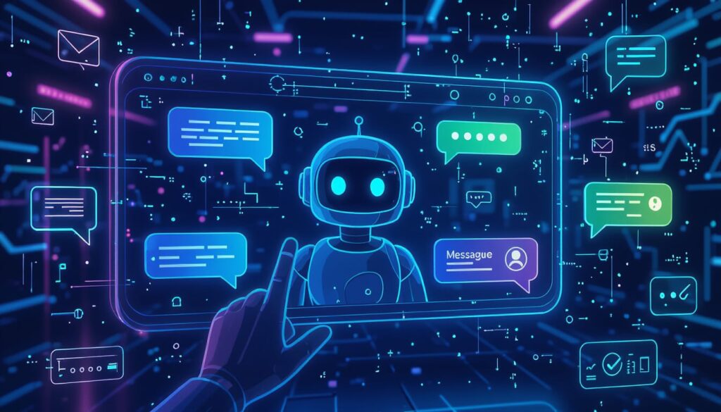 AI chatbot interface with a smart bot replying to messages on a futuristic digital screen