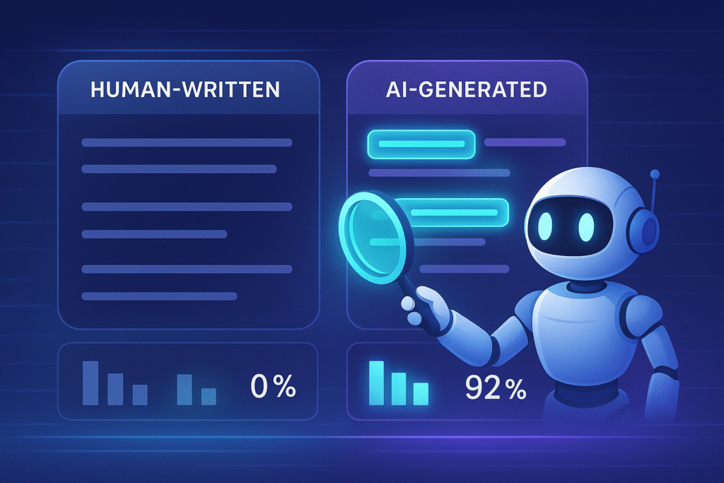 AI detector robot analyzing AI-generated content vs human-written text with detection scores