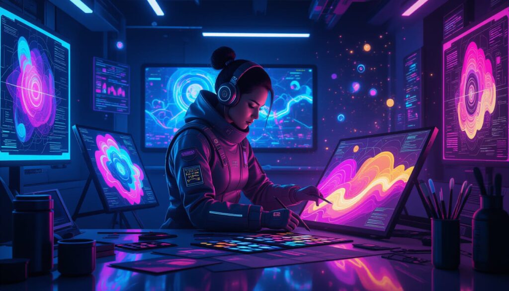 Futuristic AI image generation and editing studio with holographic screens, vibrant digital art displays, and a designer using AI art tools