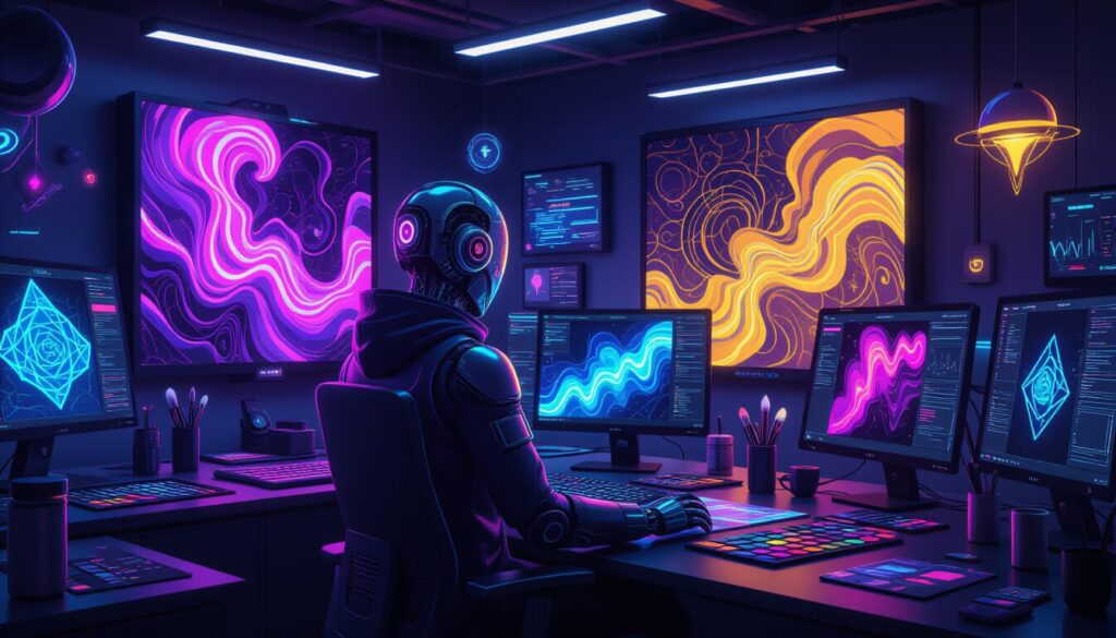 Robot working with an AI Image generator tool in a futuristic digital art studio with neon lights