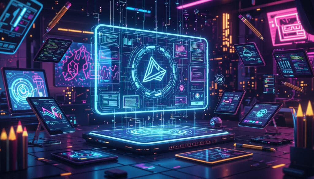 Futuristic interface showing AI logo generator creating digital brand logos with AI tools