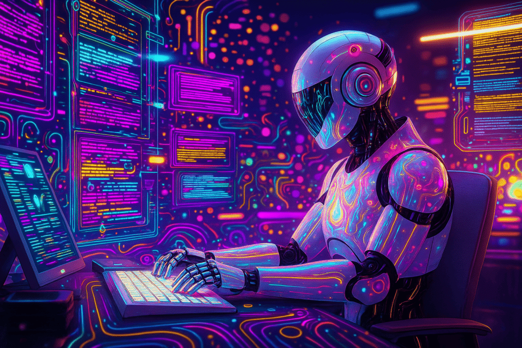 Robot using AI text and AI writing tools to create content