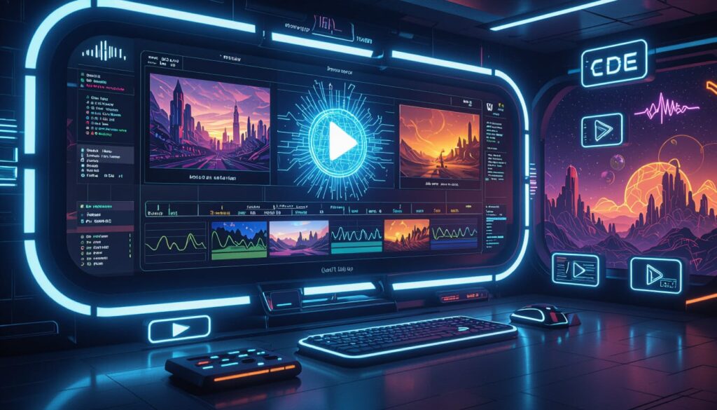 Futuristic AI video generator interface creating videos from images