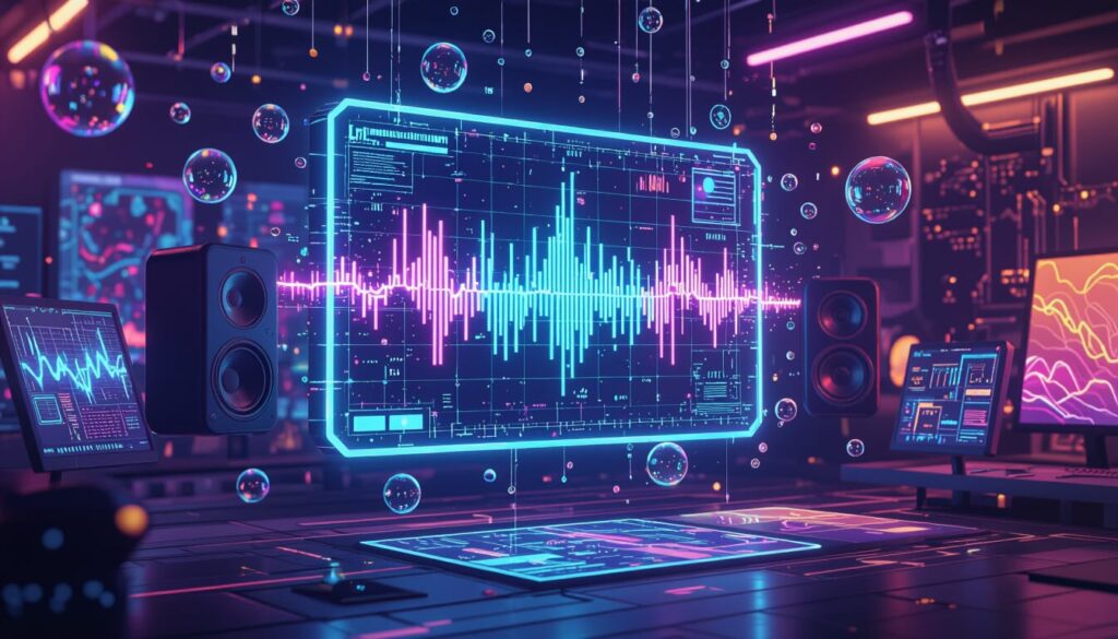 Text to Speech & AI Voice generator Studio with digital screens and speakers