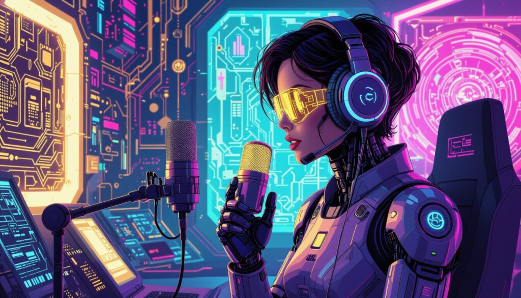 Futuristic female robot using text to speech AI voice generator in a high-tech podcast studio with glowing microphones and control panels